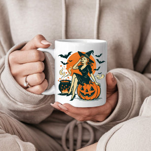 Halloween Vintage Witch on Pumpkin Bats Cauldron Coffee Mug