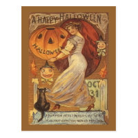 Halloween Vintage Woman and Jack o' Lantern Postcard