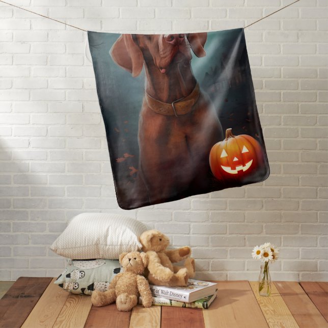 Halloween Vizsla With Pumpkins Scary Baby Blanket (In Situ)