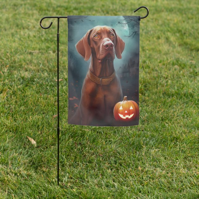 Halloween Vizsla With Pumpkins Scary Garden Flag (In SItu)