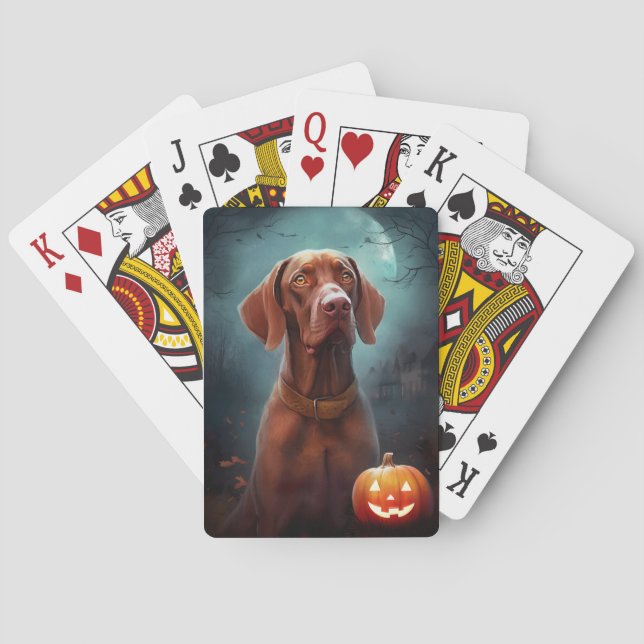 Halloween Vizsla With Pumpkins Scary Poker Cards (Back)