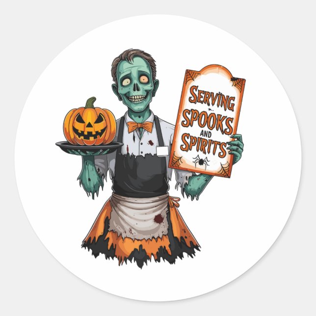 Halloween Waiter Serving Spooks and Spirits Classic Round Sticker (Front)