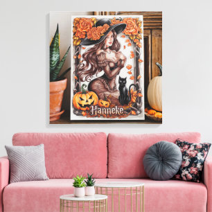 Halloween Wall Art: Woman with Black Hat & Orange Canvas Print