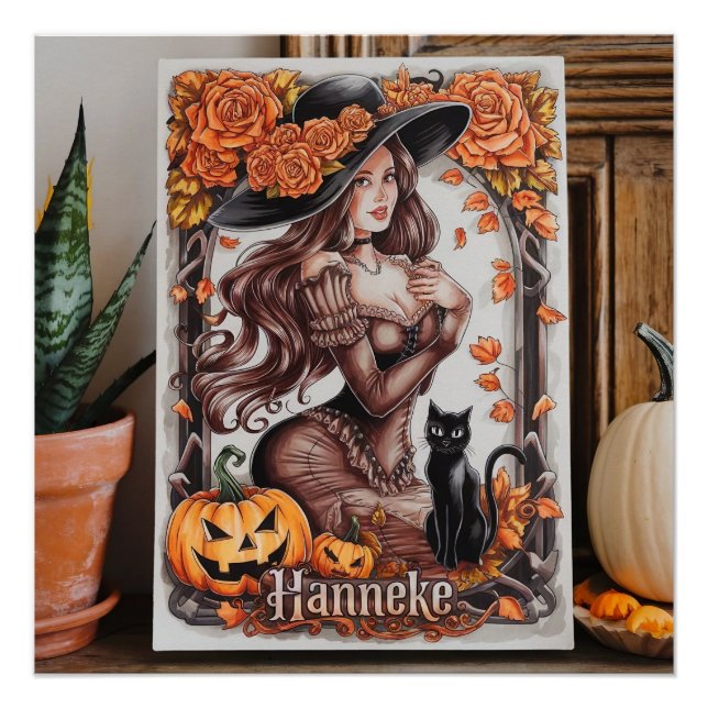 Halloween Wall Art: Woman with Black Hat & Orange  Poster (Front)