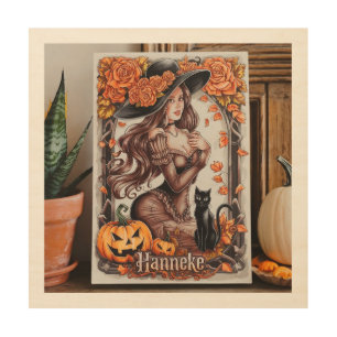 Halloween Wall Art: Woman with Black Hat & Orange  Wood Wall Art