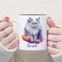 Halloween watercolor angora cat with pumpkin
