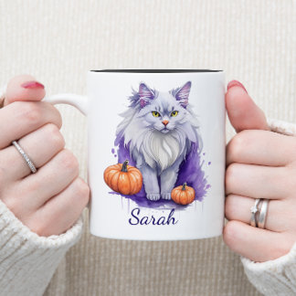 Halloween watercolor angora cat with pumpkin Two-Tone coffee mug