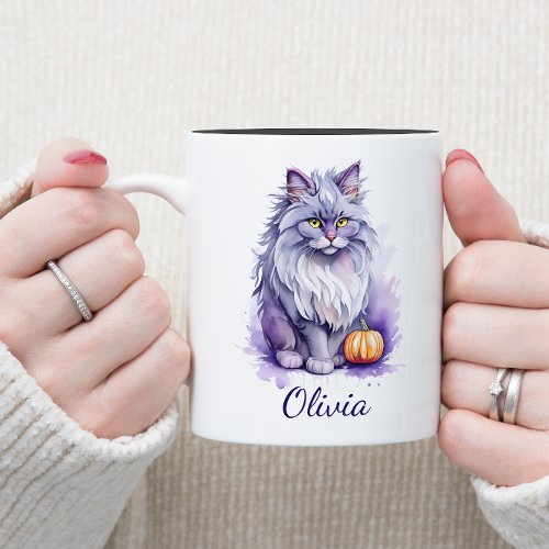 Halloween watercolor angora cat with pumpkin Two_Tone coffee mug