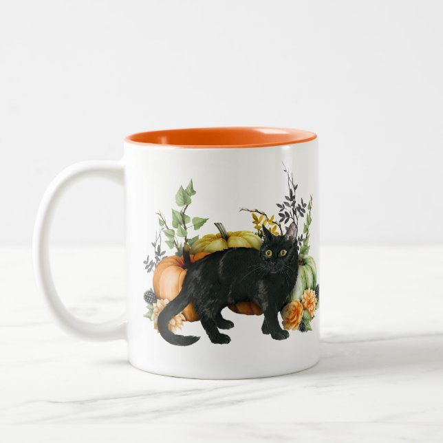 Halloween Watercolor Black Cat Pumpkin Two-Tone Coffee Mug (Left)
