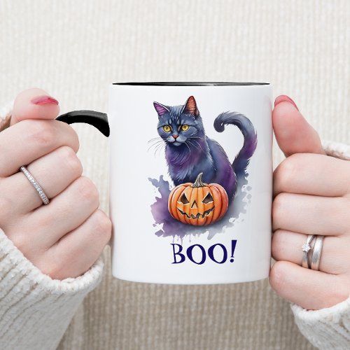 Halloween watercolor black cat with pumpkin mug