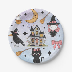 Halloween Watercolor Crow Witch Cat Moon Pattern Paper Plates