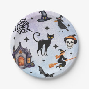Halloween Watercolor Crow Witch Cat Skull Pattern Paper Plates