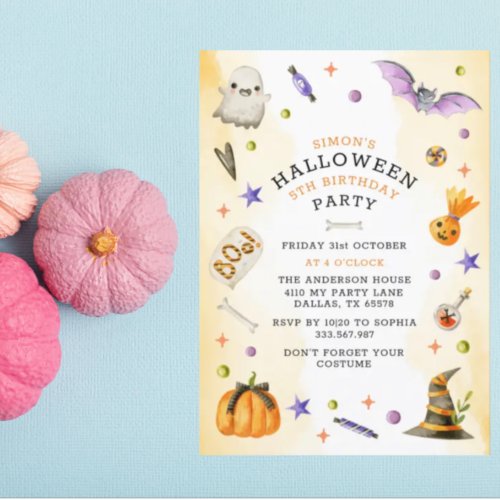 Halloween Watercolor Cute Kids Birthday Party Holi Holiday Card