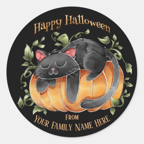 Halloween _ Watercolor Cute Kitten and Pumpkin Classic Round Sticker