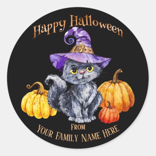 Halloween _ Watercolor Cute Kitten Hat and Pumpkin Classic Round Sticker