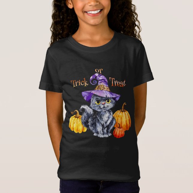 Halloween - Watercolor Cute Kitten Hat and Pumpkin T-Shirt (Front)