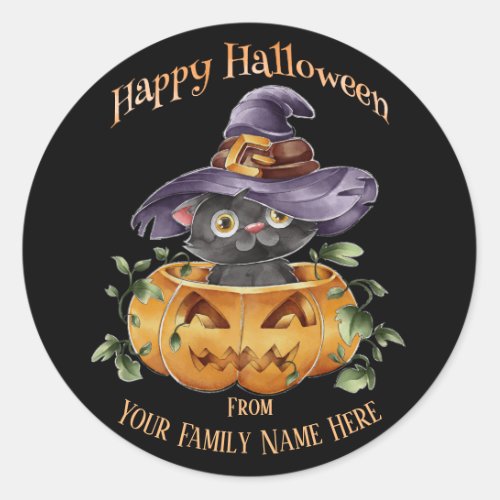 Halloween _ Watercolor Cute Kitten in Pumpkin Classic Round Sticker