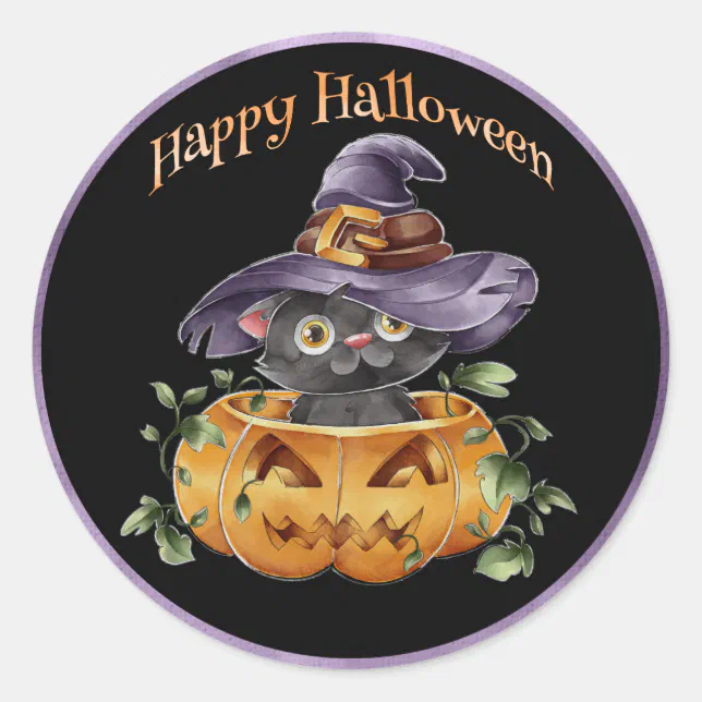 Halloween - Watercolor Cute Kitting in Pumpkin Classic Round Sticker ...