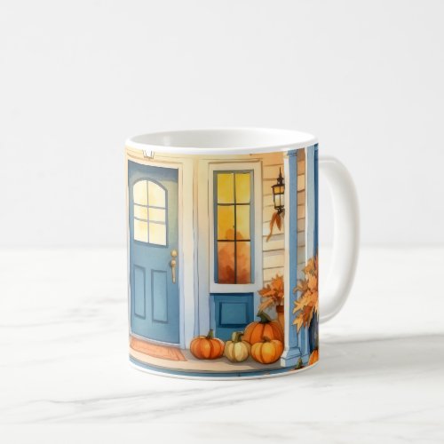 Halloween Watercolor Fall Pumpkins on Front Porch  Coffee Mug