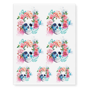 Halloween Watercolor Flowers Mexican Sugar Skull Temporary Tattoos