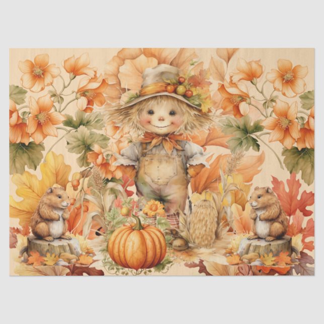 Halloween Watercolor Foliage & Scarecrow Decoupage Tissue Paper (Front)