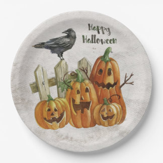 Halloween Watercolor Happy Pumpkins Paper Plates