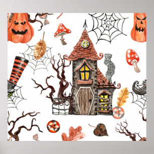 Halloween Watercolor: Haunted House Pattern. Poster