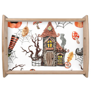 Halloween Watercolor: Haunted House Pattern. Serving Tray