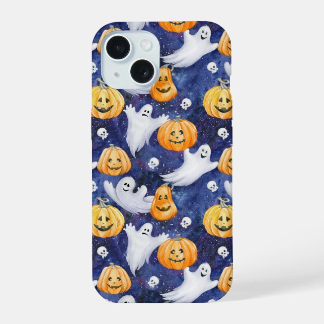 Halloween Watercolor Pattern iPhone 15 Case (Back)