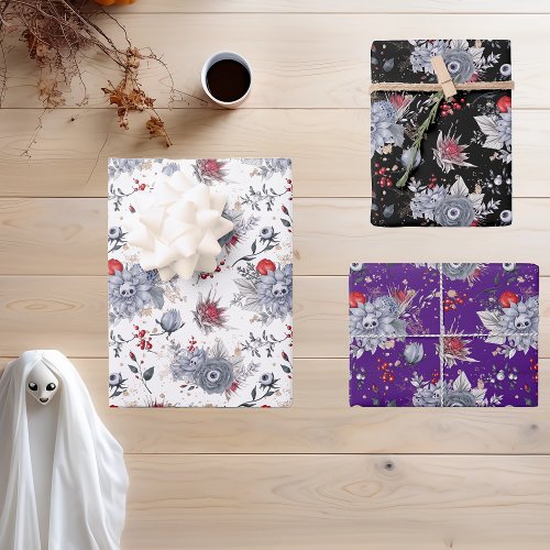 Halloween Watercolor Pattern Skull Floral  Wrapping Paper Sheets