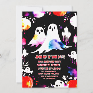 Halloween Watercolor pumpkin and ghosts party Invitation