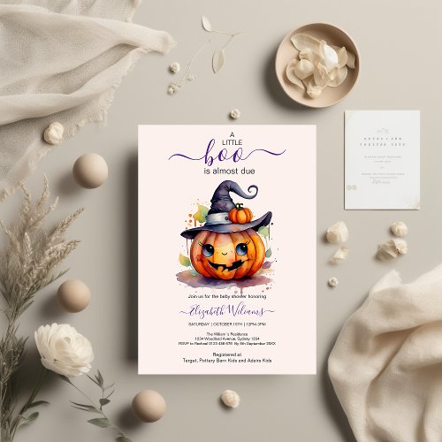 Halloween Watercolor Pumpkin Little Boo Baby Showe Invitation