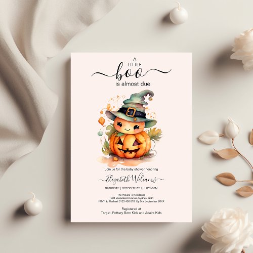 Halloween Watercolor Pumpkin Little Boo Baby Showe Invitation