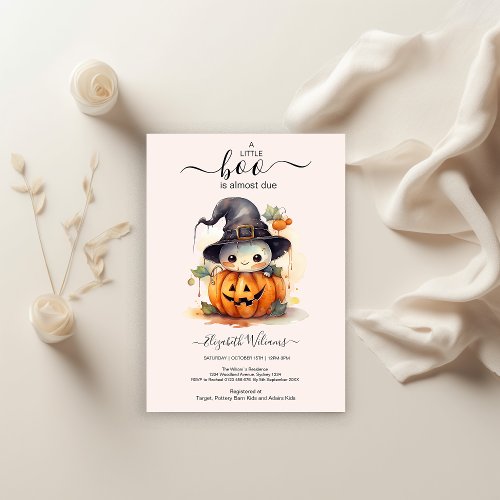 Halloween Watercolor Pumpkin Little Boo Baby Showe Invitation