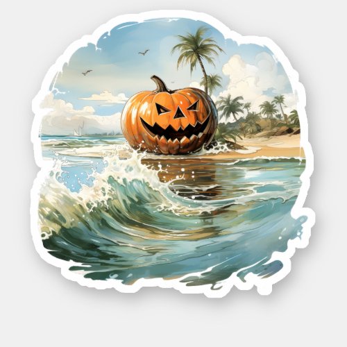 Halloween Watercolor Pumpkin On The Beach Sticker