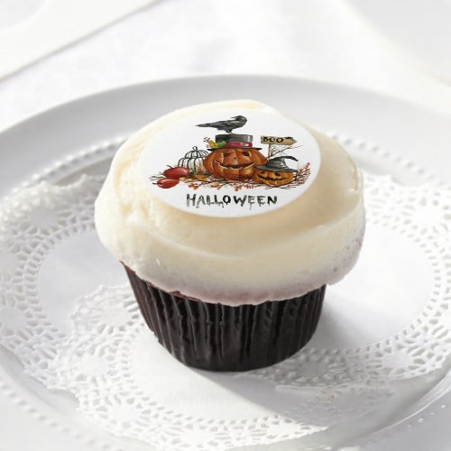 Halloween Watercolor Pumpkin Scene Edible Frosting Rounds