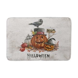 Halloween Watercolor Scary Pumpkins Bathroom Mat