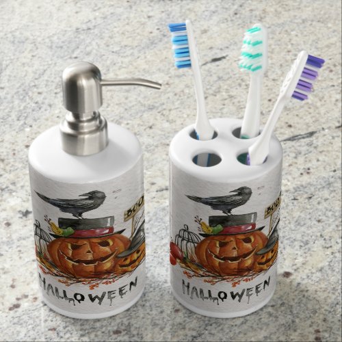 Halloween - Watercolor Scary Pumpkins Soap Dispenser And Toothbrush Holder