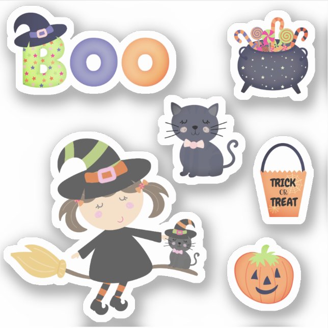 Halloween Watercolor Witch Boo Cat Pumpkin Sticker (Front)