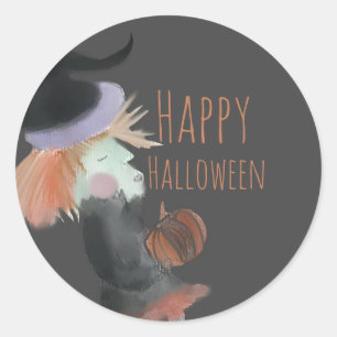 Halloween Watercolor Witch Pumpkin   Classic Round Sticker