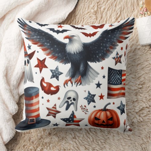 Halloween Watercolors and Patriotic Elements Throw Pillow