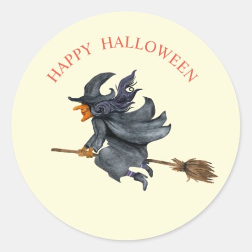 Halloween watercolour  flying witch classic round sticker
