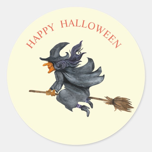 Halloween watercolour  flying witch classic round sticker (Front)