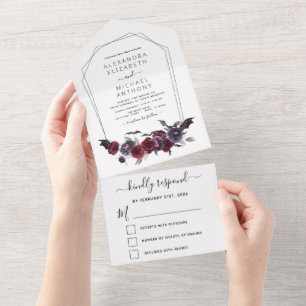 Halloween Wedding Autumn Fall Dark Burgundy Black All In One Invitation