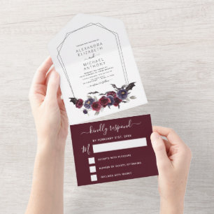 Halloween Wedding Autumn Fall Dark Burgundy Black All In One Invitation