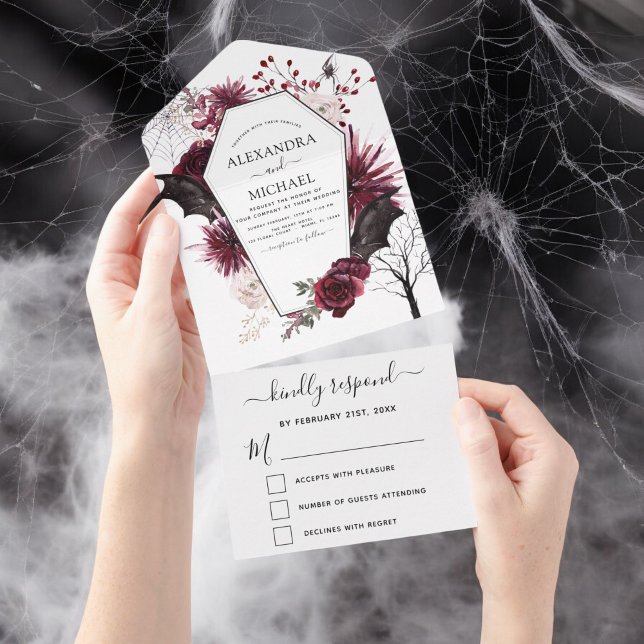 Halloween Wedding Autumn Fall Dark Burgundy Black  All In One Invitation (Creator Uploaded)