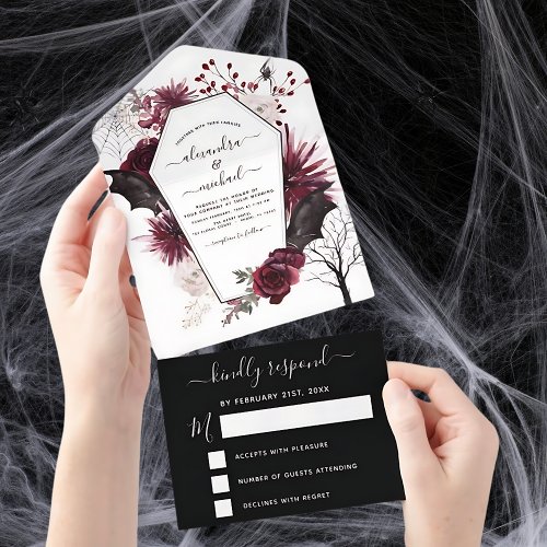 Halloween Wedding Autumn Fall Dark Burgundy Black All In One Invitation