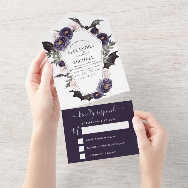 Halloween Wedding Autumn Fall Dark Purple RSVP All In One Invitation (Tearaway)