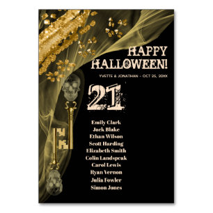 Halloween Wedding Black & Gold Skeleton Keys Table Number