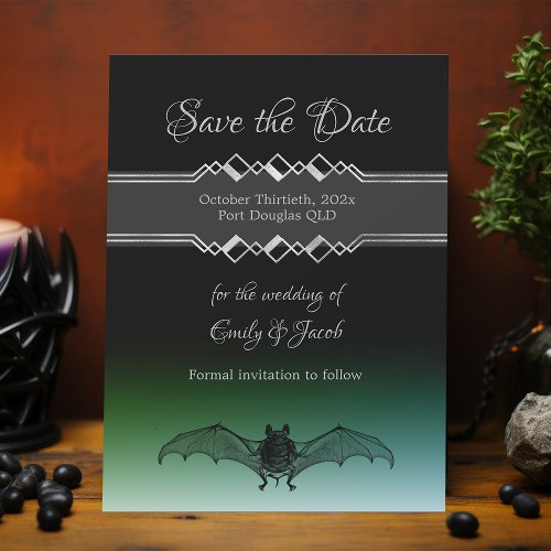 Halloween Wedding Black  Green Gothic Bat October Save The Date